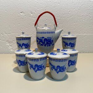 Great China Company Vintage Blue Dragon Tea Set with Lidded Cups and Pot